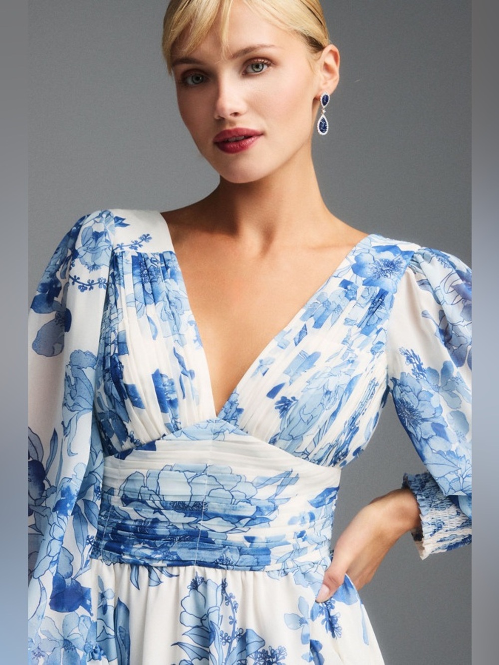 Bhldn white blue floral long sleeve chiffon maxi dress - Picture 2 of 9